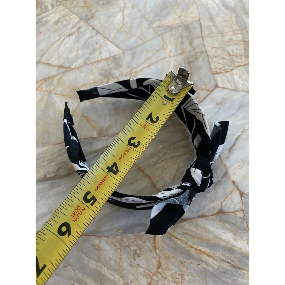 Black White Floral Top Knot Headband Fabric Wrapped Botanical Print Hair Band